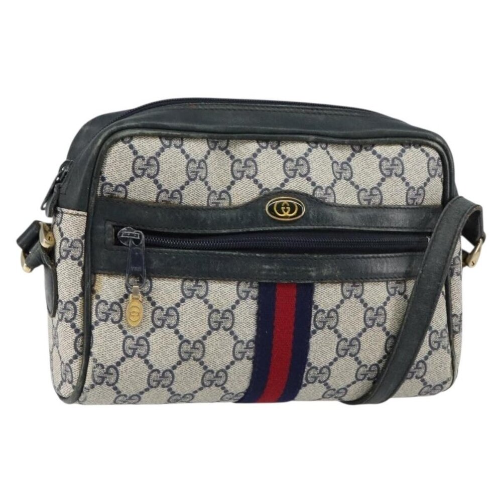 Authentic GUCCI GG Supreme Sherry Line Shoulder Bag PVC Navy Gold 010 378